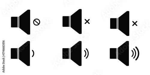 Speaker icon set with ring, mute, 50% volume and silent for smartphone user interface in black color. Sound volume icons set with different signal levels on white background. Sound icon, volume symbol