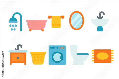 Bathroom essentials flat icon set. toiletry items, cleaning tools flat icons collection.