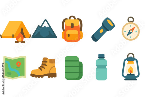 Camping adventure filled icon set. explore, outdoor, nature icons filled collection