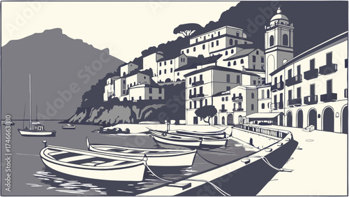 Coastal Town Boats Mediterranean Seaside Village Architecture Harbor Black and White Illustration Sea Buildings Travel Poster Summer Vacation Calm Waters European Town Scenic View W.