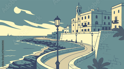 Coastal town seaside promenade ocean view buildings street lamp vintage style illustration summer vacation travel destination Mediterranean architecture cliffside path evening scene tw.