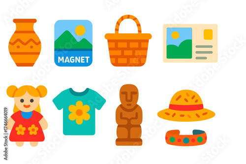 Travel, tourism flat icon set. souvenirs, postcards, culture icons flat collection