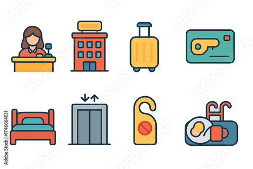 Hotel services flat icon set. reception, room, elevator, and breakfast icons collection