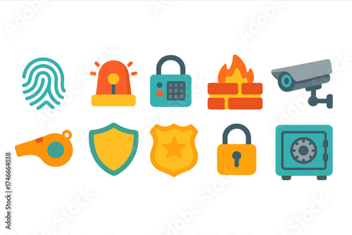Security and protection flat icon set. safety, surveillance, and alarm icons collection