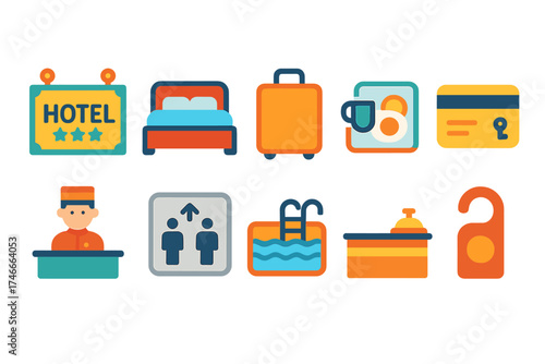 Hospitality, travel flat icon set. hotel services, booking, check-in icons collection