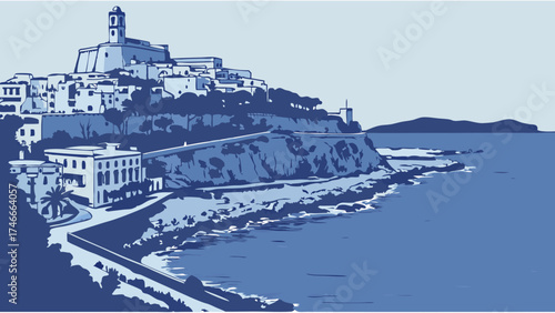 Coastal Town Seaside Village Ocean View Cliffside Architecture Mediterranean Style Summer Vacation Travel Poster Blue Tones Artistic Illustration Serene Landscape Calm Sea Holiday Dest.