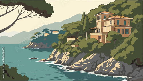 Coastal Villa Ocean View Cliffside Home Mediterranean Style Summer Vacation Seaside Landscape Dream Home Illustration.