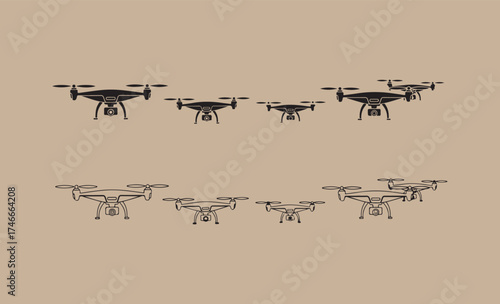 Multiple drones flying in formation against a neutral background