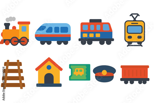 Transportation flat icon set. train, tram, and travel icons in a vibrant collection