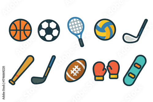 Sports equipment colorful icon set. balls, racket, bat, glove, outline style illustrations