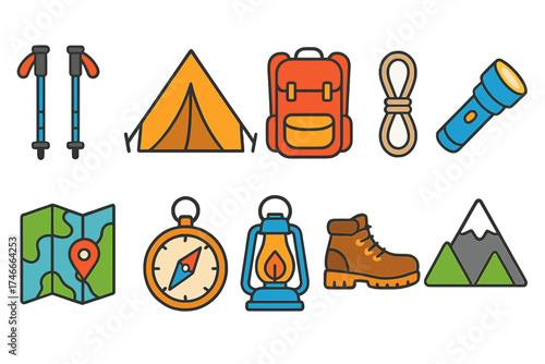 Camping and adventure icon set. outdoor, hiking, backpacking icons in outline style