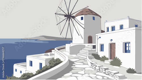 Coastal village with windmill and stone pathway Mediterranean style illustration.