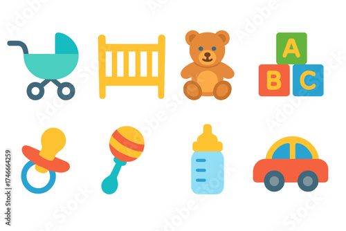 Baby and toddler flat icon set. infant, child care, toy flat icons collection