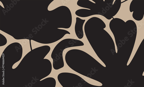 Abstract floral pattern with bold black shapes on a beige background
