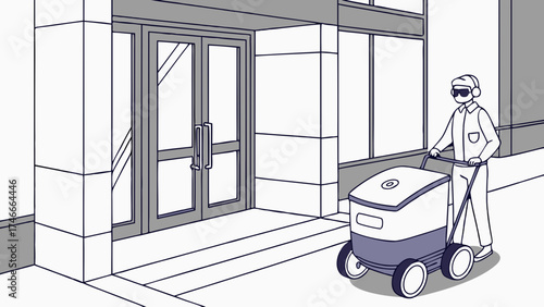 Delivery person pushing a wheeled cooler outside a building.