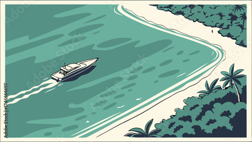 Aerial View of a Boat Approaching a Tropical Beach with Lush Greenery and Turquoise Water.