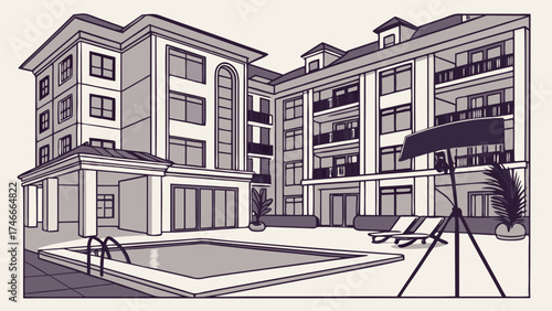 Apartment complex courtyard with pool and lounge chairs architectural illustration monochrome design.