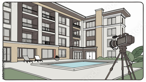 Apartment Complex Pool and Video Camera Illustration.