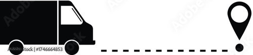 Vector illustration of a delivery truck with a dotted line leading to a location pin, symbolizing delivery service, logistics, and shipment tracking