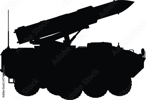Military silhouette, missile launcher vehicle, armored platform, tactical equipment, defense system, warfare technology, combat readiness, black-and-white vector, 