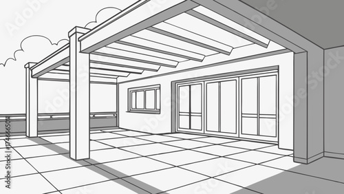 Architectural sketch of modern patio with pergola.