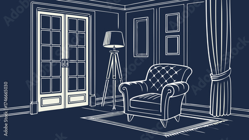 Elegant Living Room Interior Design Sketch Armchair Floor Lamp and Double Doors.