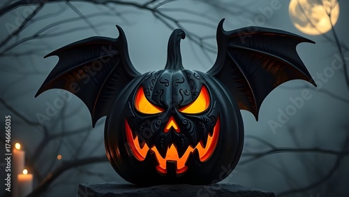 A glowing jack-o'-lantern with fierce eyes and jagged grin sprouts bat wings under a full moon—surrounded by bare branches and flickering candles, this Halloween creature blends eerie charm.