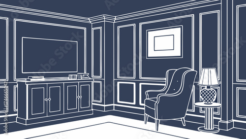 Elegant Living Room Interior Design Classic Paneling Armchair Cabinet Lamp Home Decor Architectural Drawing Blueprint Sketch Vector Illustration.