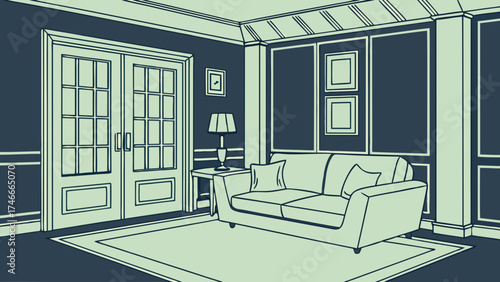 Elegant living room interior design minimalist style sofa double doors wall paneling rug lamp home decor apartment illustration.