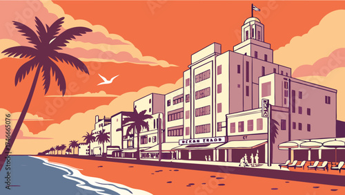 Art Deco style beach town illustration sunset palm trees oceanfront buildings seaside cafe vacation travel poster design.