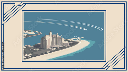Artistic Coastal Resort Aerial View with Boats and Geometric Frame.