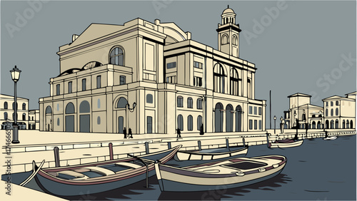 European Cityscape Canal Boats and Historic Building Illustration.