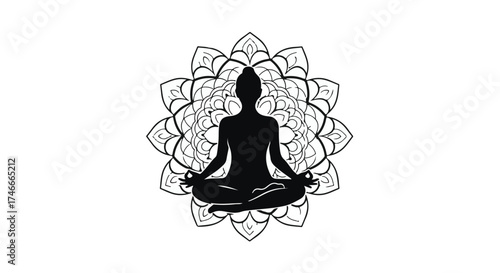 Serene silhouette meditating in lotus pose within intricate mandala design