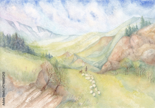 Summer Day In The Mountains landscape a shepherd with a dog leads a flock of sheep to graze watercolor painting