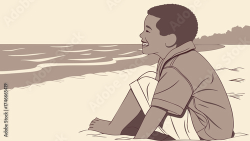 Happy child sitting on the beach enjoying ocean view summer vacation illustration.