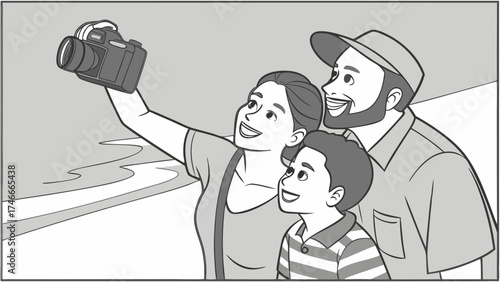 Happy family taking a photo outdoors with a camera.