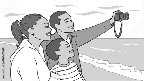 Happy Family Taking Pictures at the Beach.