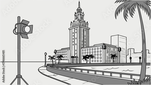 Black and white illustration of a city waterfront with a tall building and palm trees.