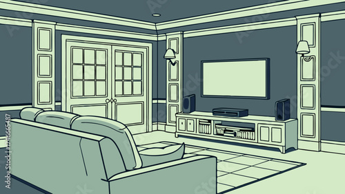 Home theater room illustration interior design living room sofa TV entertainment center home cinema wall decor modern home house interior flat design simple design clean design vecto.