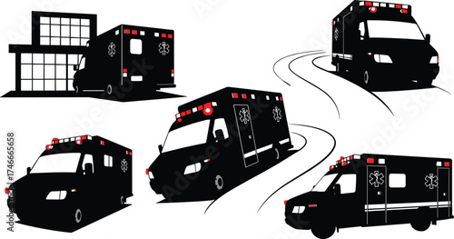 "Emergency ambulance silhouettes with hospital building, medical transport icons, healthcare rescue vehicles, emergency response illustration, vector design for stock content"