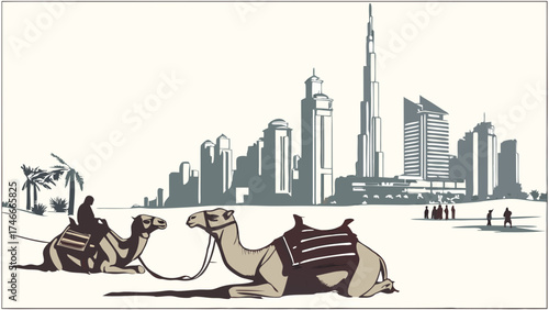 Camel caravan resting near a modern city skyline desert landscape illustration.