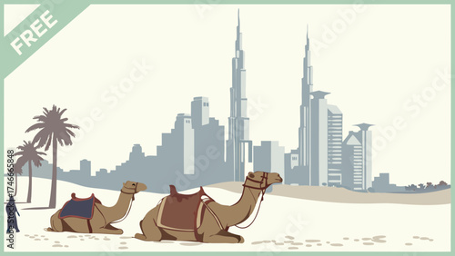 Camels resting in desert with modern city skyline in background.