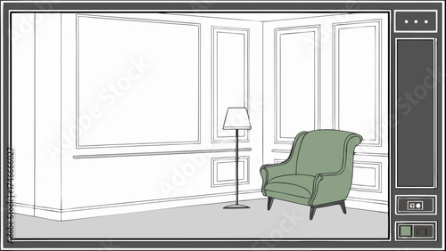 Interior Design Sketch Comfortable Armchair Floor Lamp Elegant Room Home Decor Modern Furniture Cozy Living Space Architectural Drawing Room Plan House Design Green Chair White Walls.