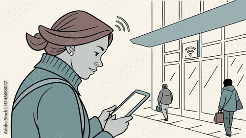 Woman uses tablet device with wifi signal near storefront with passersby in a city environment drawing