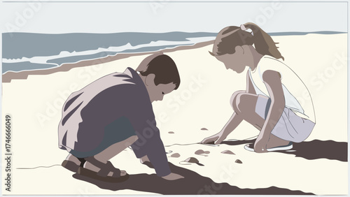 Children playing on a beach collecting shells and stones.