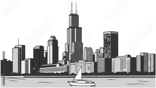 Cityscape Illustration Modern Skyline with Boat on Water Monochrome Drawing.