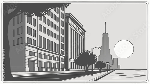 Cityscape illustration urban street scene grayscale drawing modern architecture buildings trees streetlights cityscape background urban design city illustration architectural drawing v.