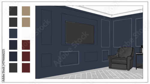 Interior design sketch navy blue walls armchair color palette home decor room mockup wall paneling elegant room modern interior simple design cozy atmosphere comfortable chair stylish.
