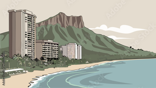 Coastal Beachfront Resort with Mountain View Tropical Vacation Illustration.