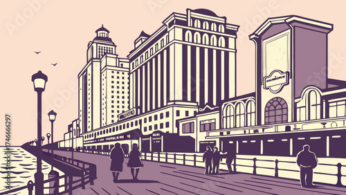 Coastal boardwalk cityscape stylized illustration seaside promenade ocean view architecture buildings people silhouettes evening dusk vintage style travel vacation tourism urban land.